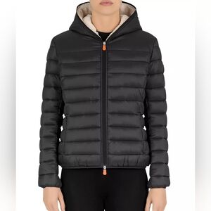 Save The Duck Women's Black Puffer Jacket. Vegan Fashion, Faux Sheepskin Lining